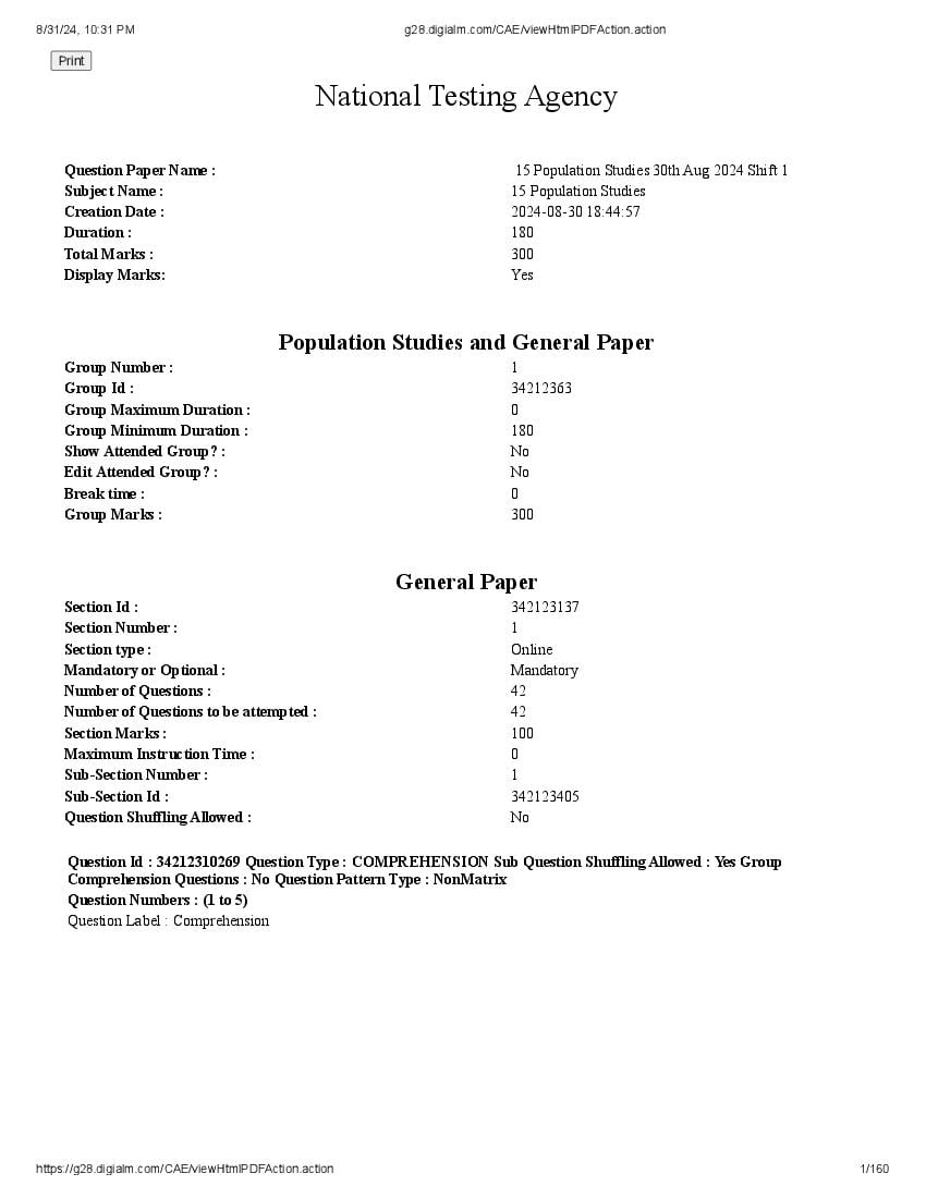 UGC NET 2024 Question Paper Population Studies - Page 1