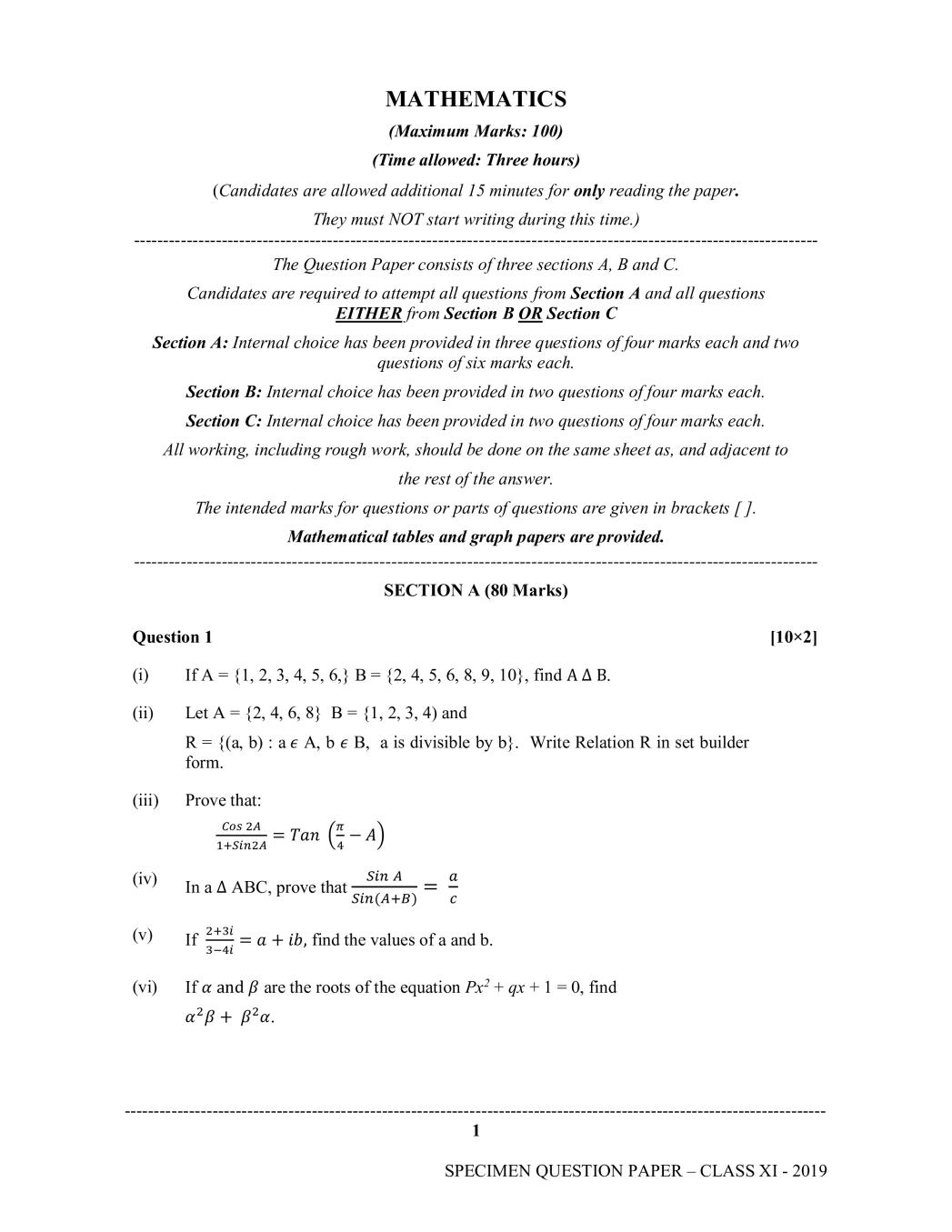 ISC Class 11 Specimen Paper 2019 for Mathematics - Page 1