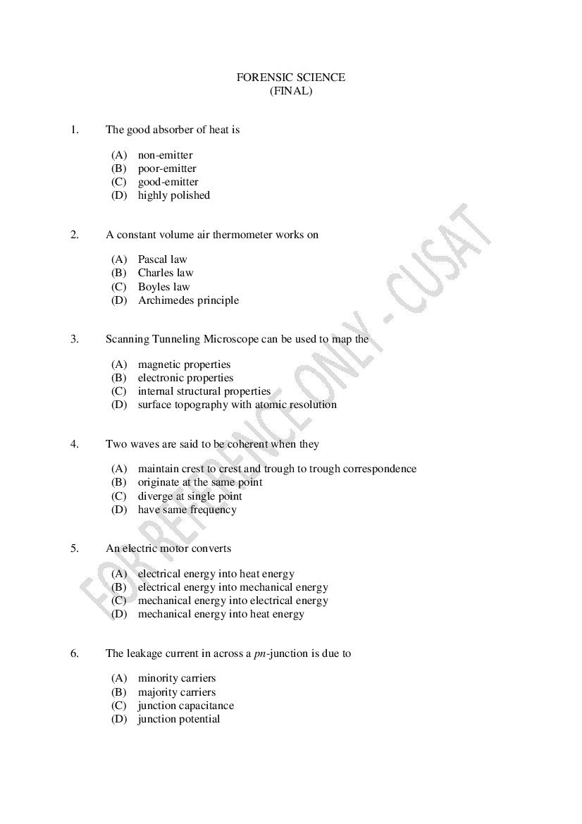 CUSAT CAT 2023 Question Paper M.Sc Forensic Science - Page 1