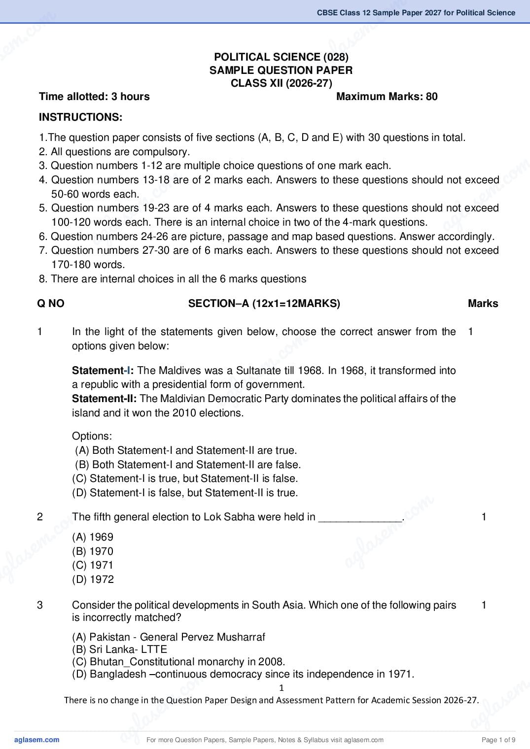 CBSE Class 12 Sample Paper 2027 for Political Science - Page 1 of 9