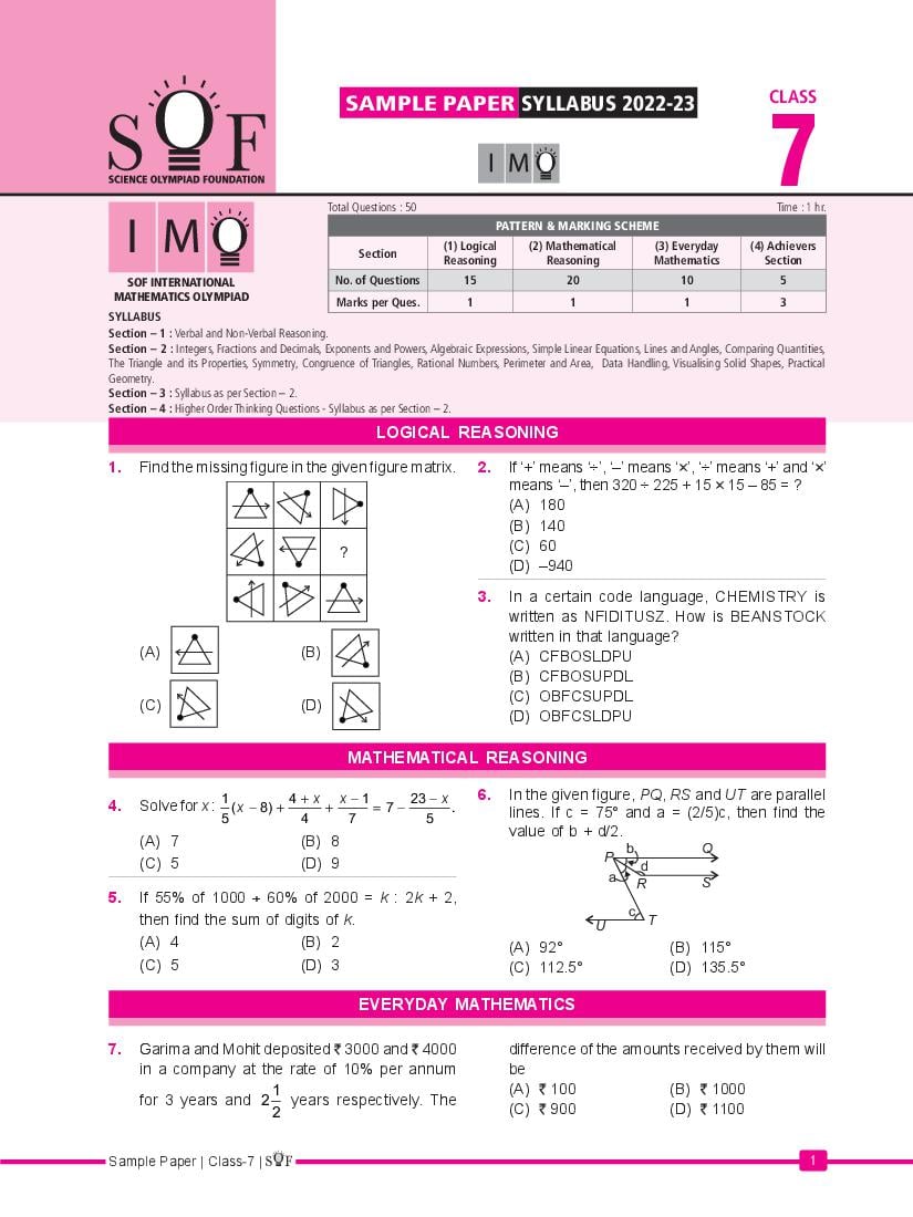 SOF IMO Sample Paper 2023 Class 7