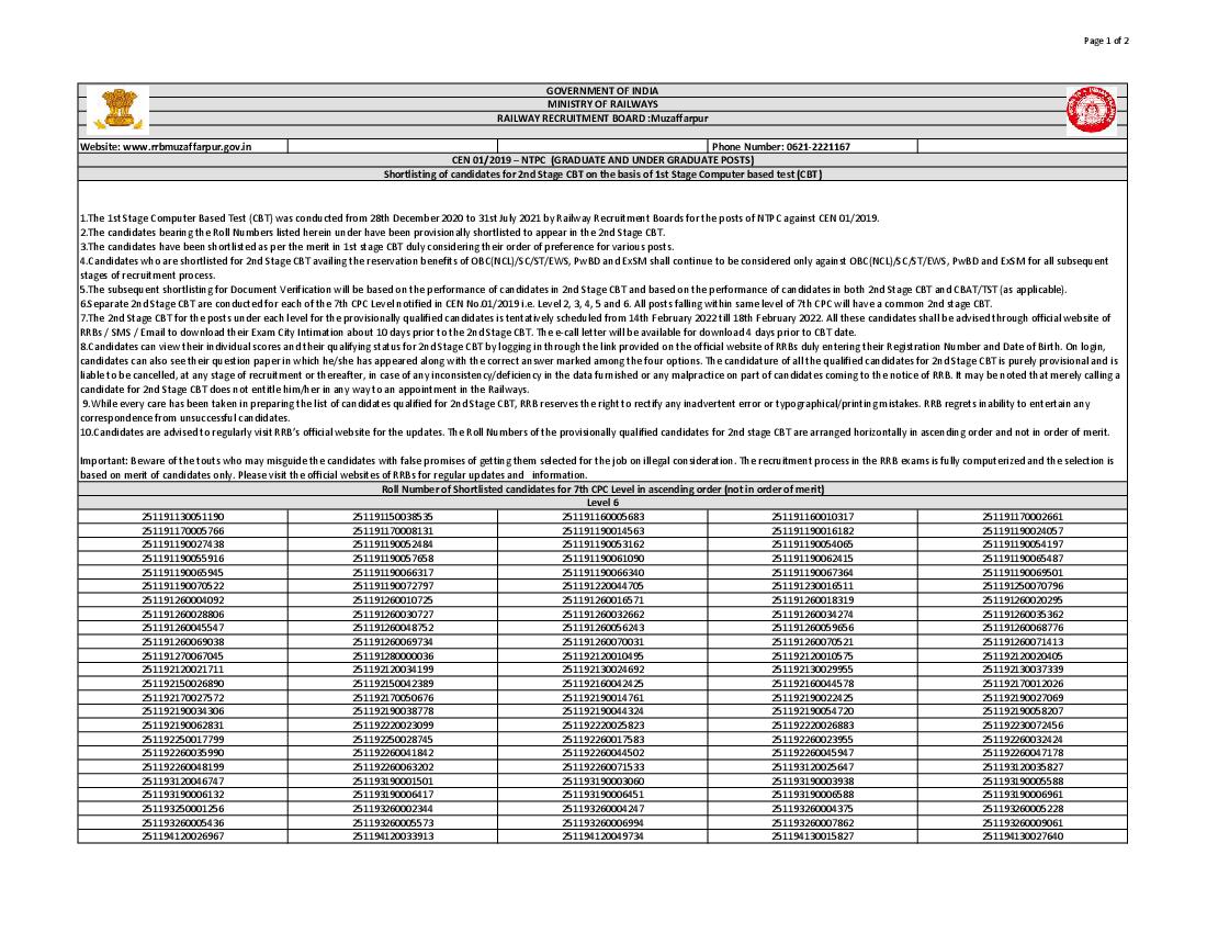 RRB MuzaffarpurCBT 1 Result 2022 Level 6 - Page 1