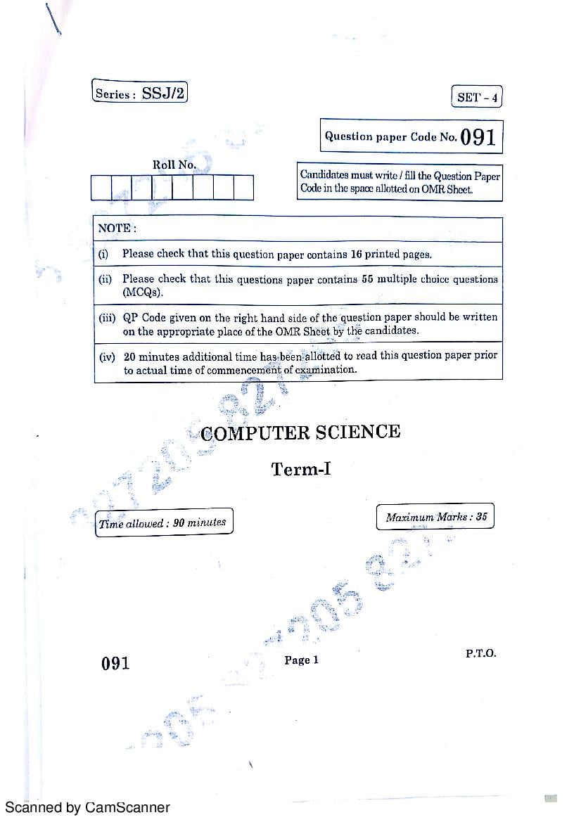 CBSE Class 12 2021-22 Computer Science Question Paper For Semester 1