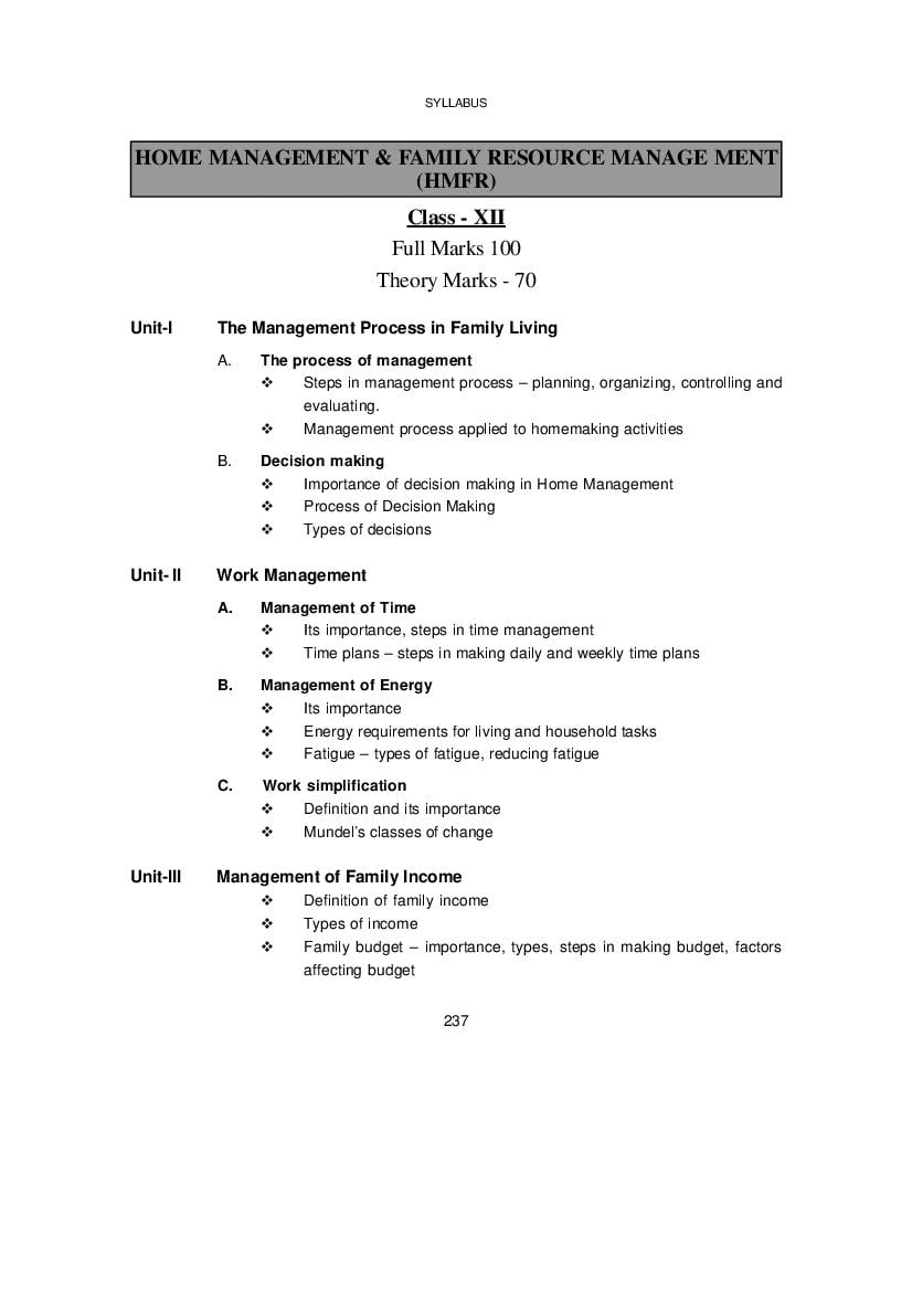 WBCHSE Class 12 Syllabus for Home Management and Family Resources Management - Page 1