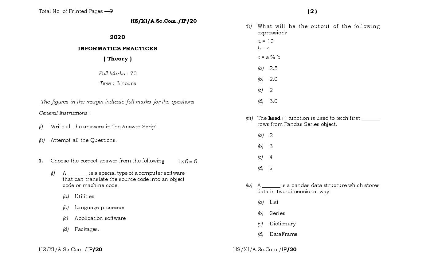 MBOSE Class 11 Question Paper 2020 for Informatics Practices - Page 1