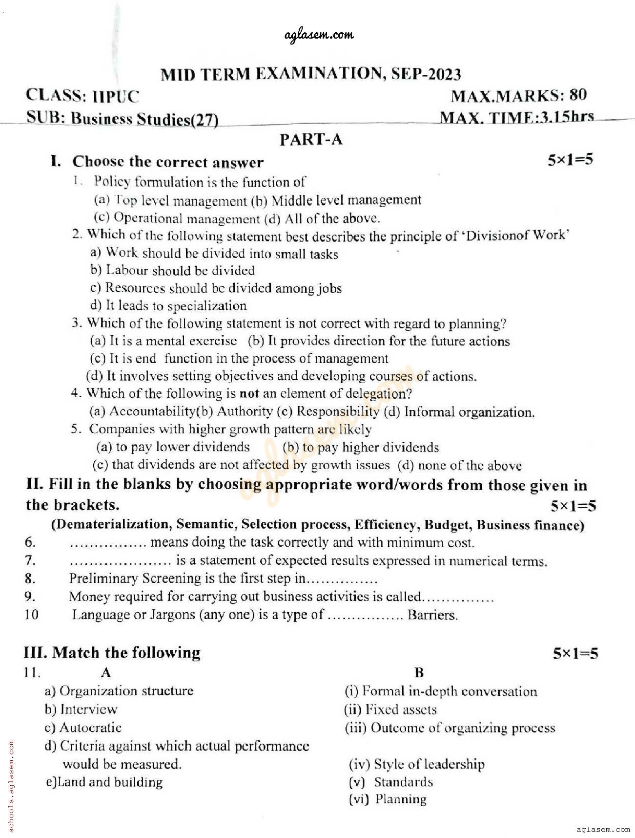 Karnataka 2nd PUC Mid Term Question Paper 2023 Business Studies - Page 1