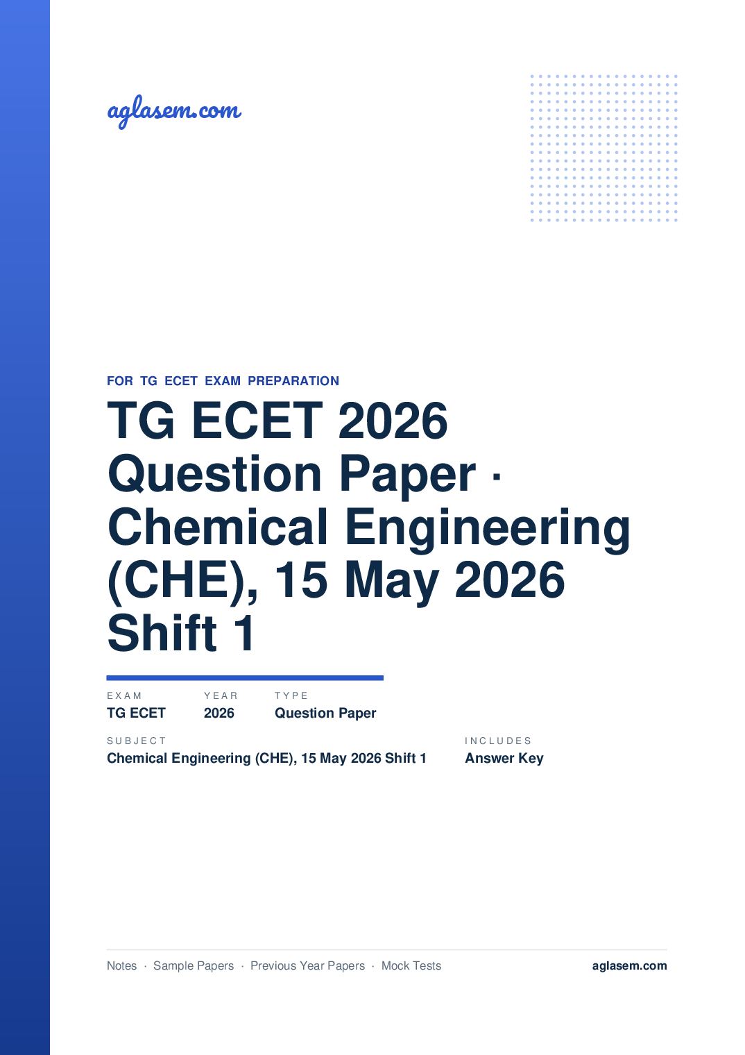 TG ECET 2026 Question Paper with Answer Key Chemical Engineering (CHE), 15 May 2026 Shift 1 - Page 1 of 78