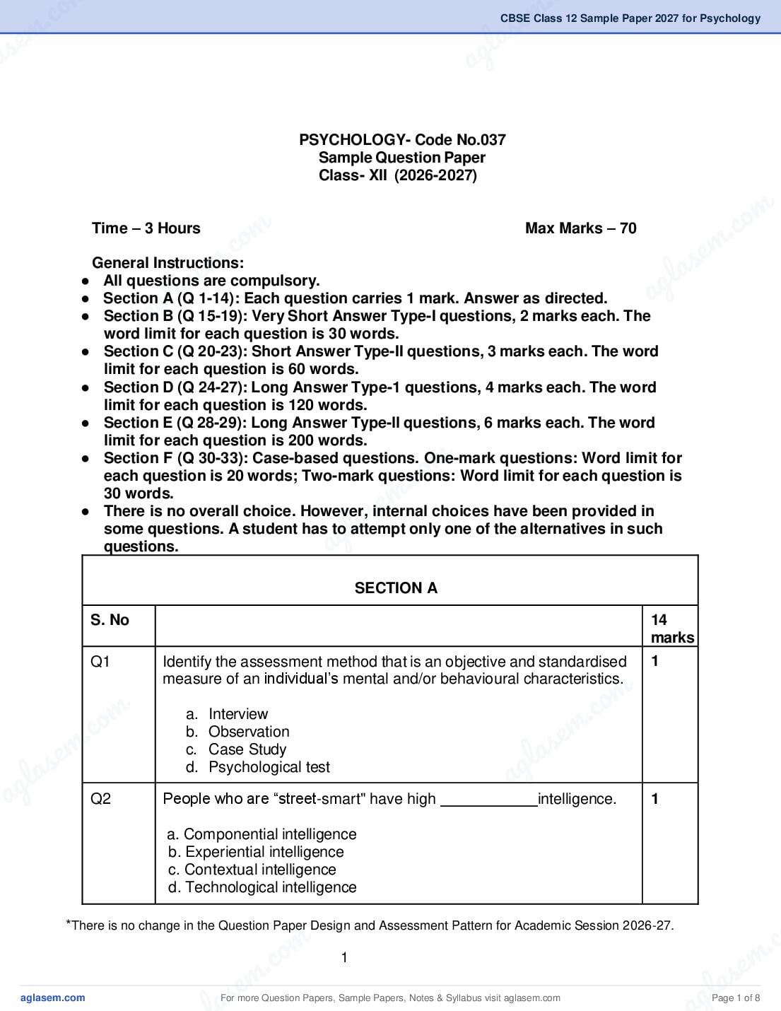CBSE Class 12 Sample Paper 2027 for Psychology - Page 1 of 8