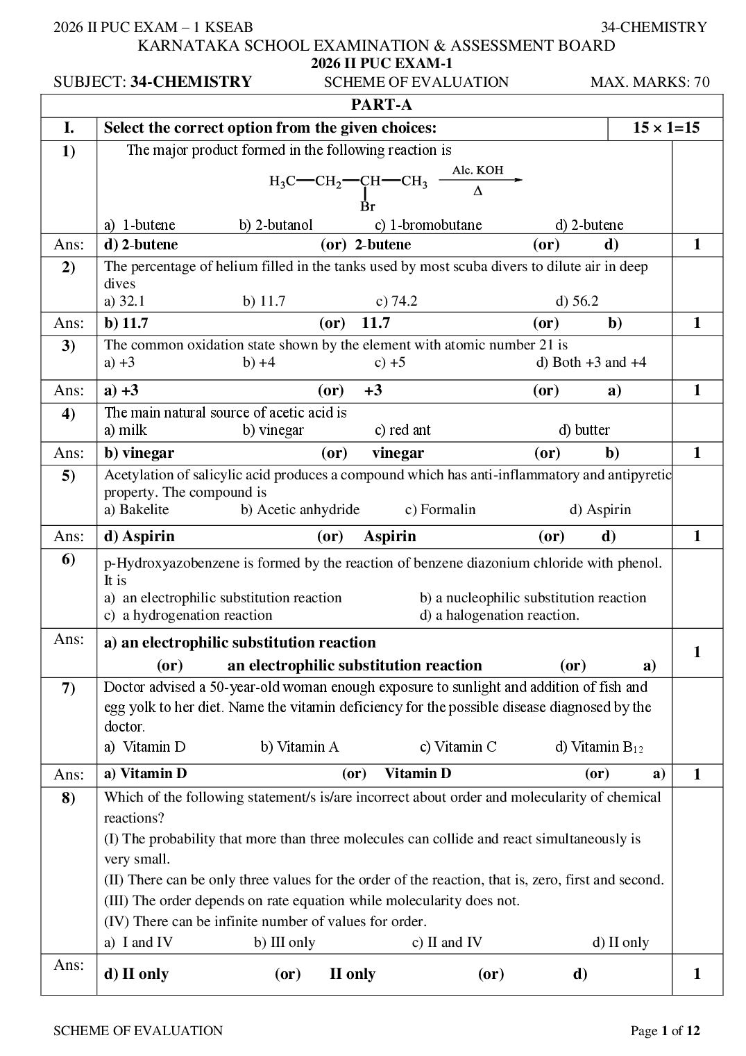Karnataka 2nd PUC Question Paper 2026 Answer Key Chemistry - Page 1 of 12