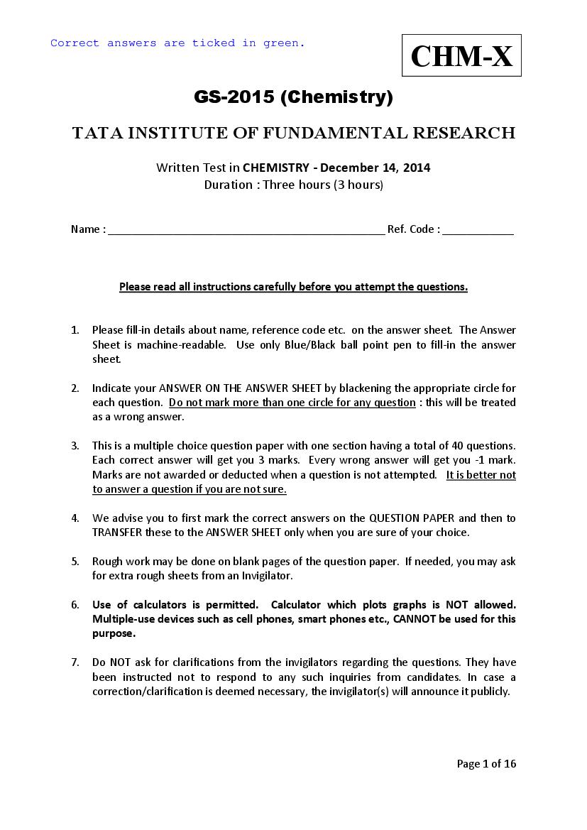 TIFR GS 2015 Question Paper Chemistry X - Page 1