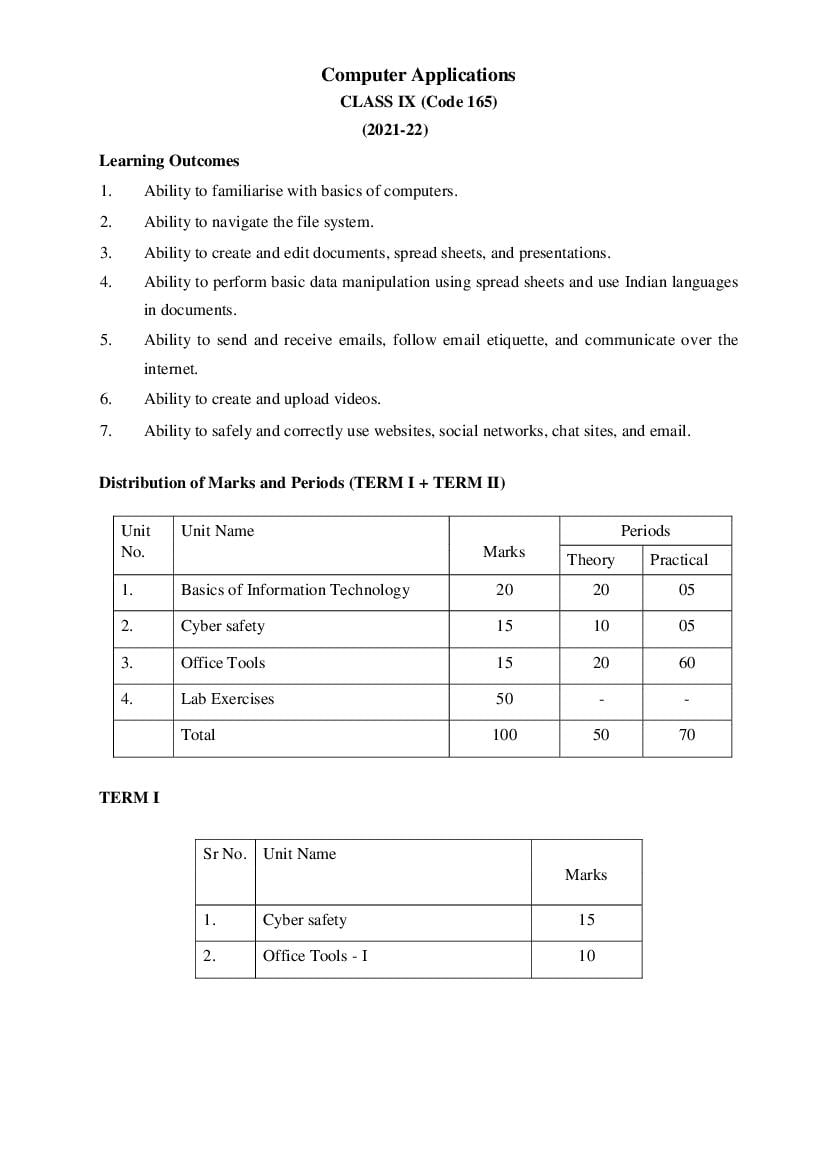 CBSE Class 10 Term Wise Syllabus 2021-22 Computer Applications - Page 1