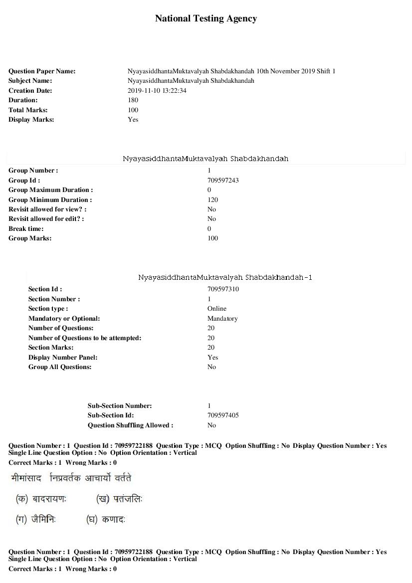 SWAYAM 2019 Question Paper NyayasiddhantaMuktavalyah Shabdakhandah - Page 1 of 13