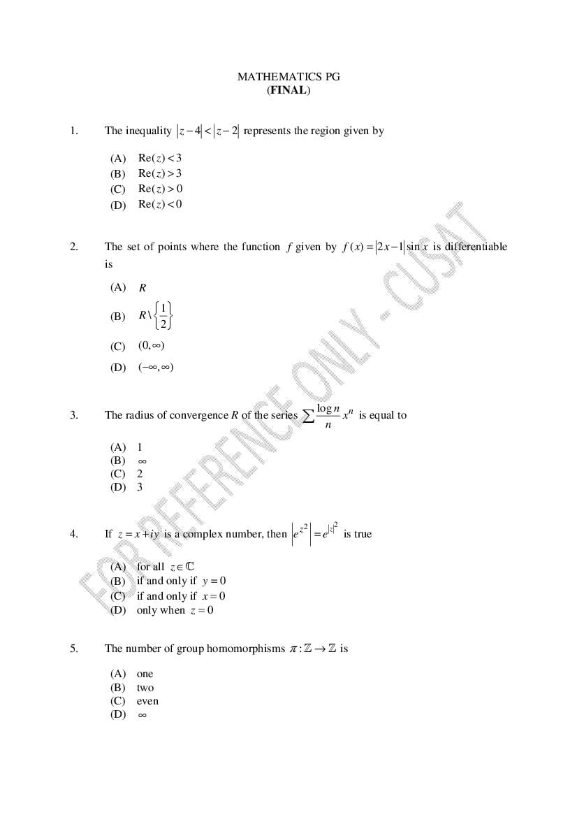 CUSAT CAT 2023 Question Paper Mathematics PG - Page 1