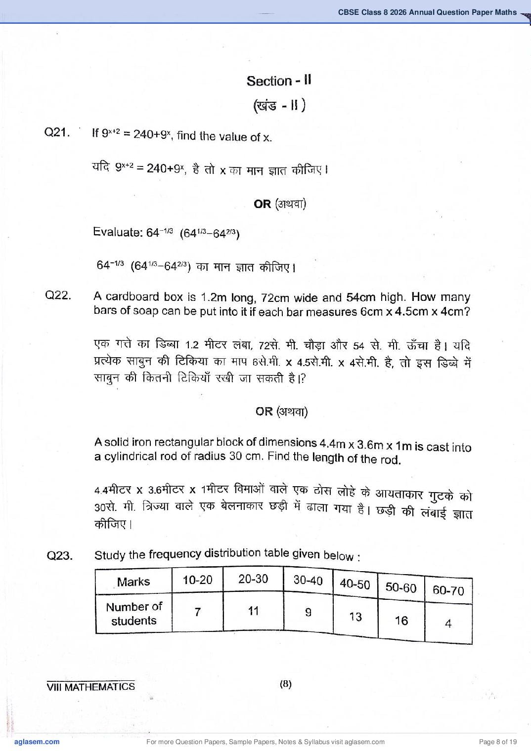 Class 8 Maths Question Paper 2026 PDF – Download Annual Exam PYQP 2025, 2024