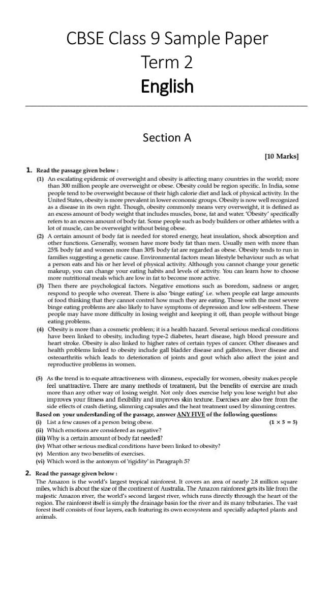 CBSE Class 9 Sample Paper 2022 for English Term 2 - Page 1