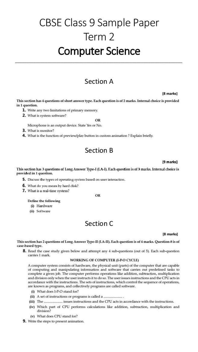 CBSE Class 9 Sample Paper 2022 for Computer Science Term 2 - Page 1