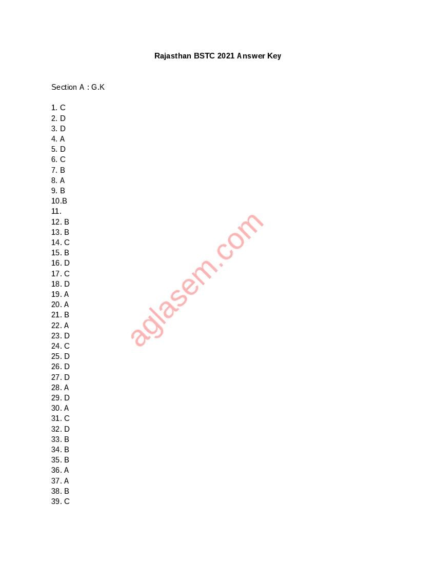 Rajasthan BSTC 2021 Answer Key - Page 1