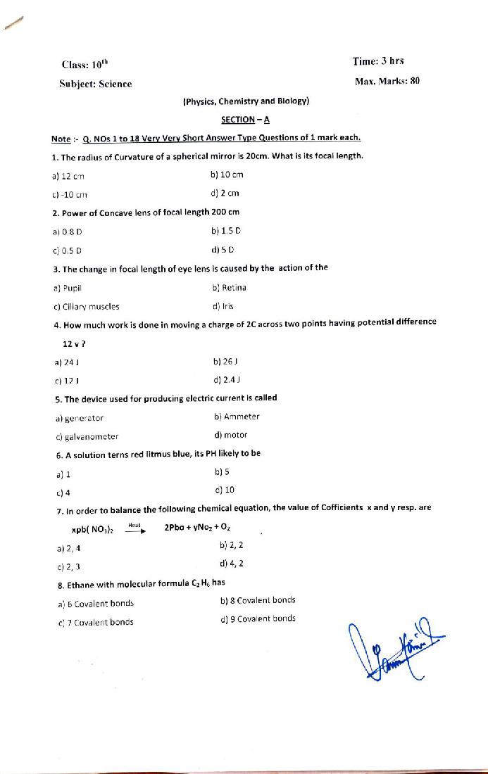 JKBOSE 10th Class Model Paper 2024 Science - Page 1