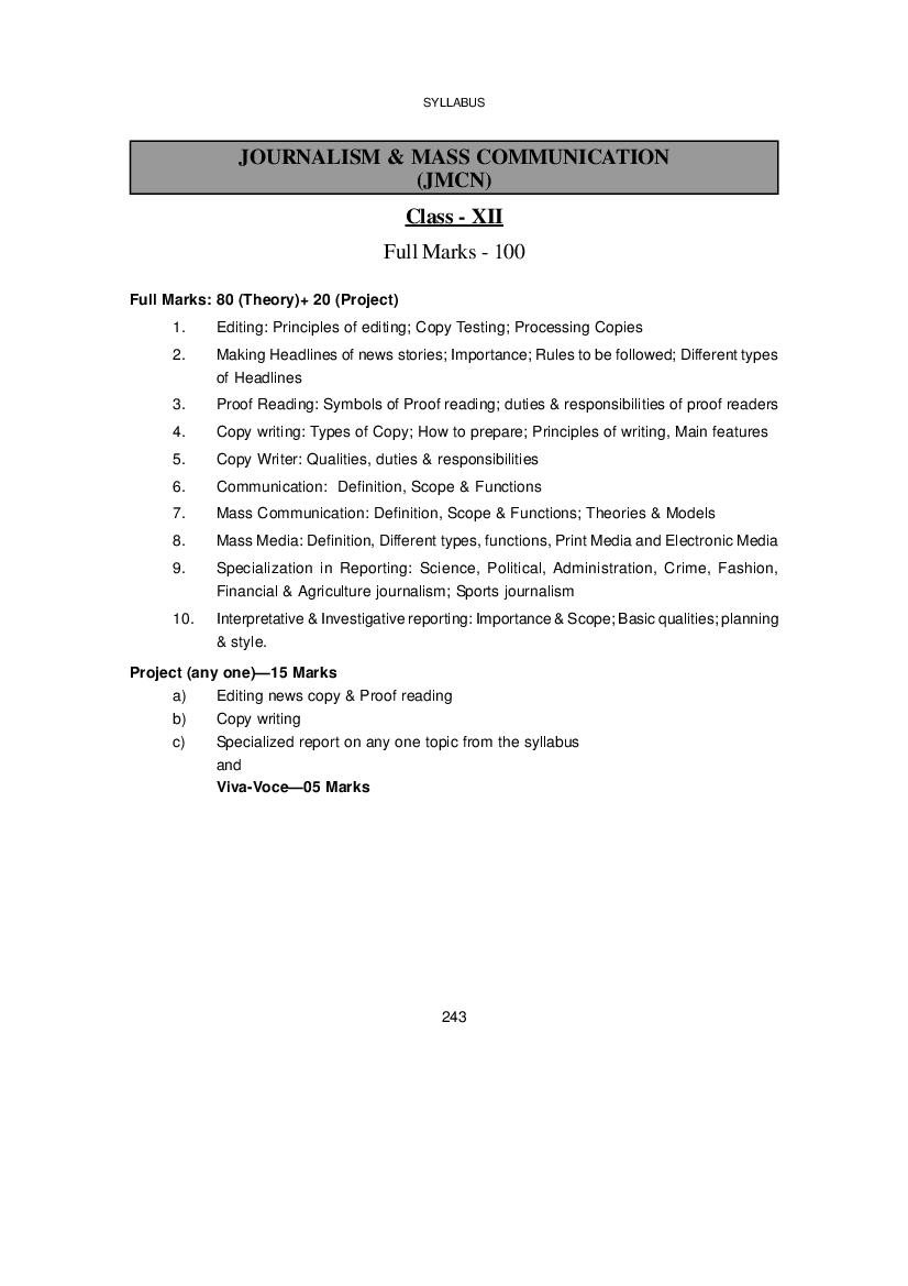WBCHSE Class 12 Syllabus for Journalism and Mass Communcation - Page 1