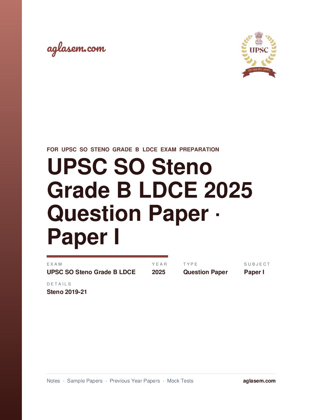 UPSC SO Steno Grade B LDCE 2025 (with Steno 2019-21) Question Paper for Paper I - Page 1 of 41