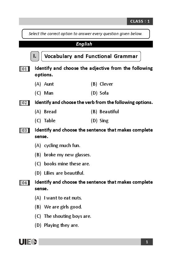 UIEO Sample Paper Class 1 - Page 1