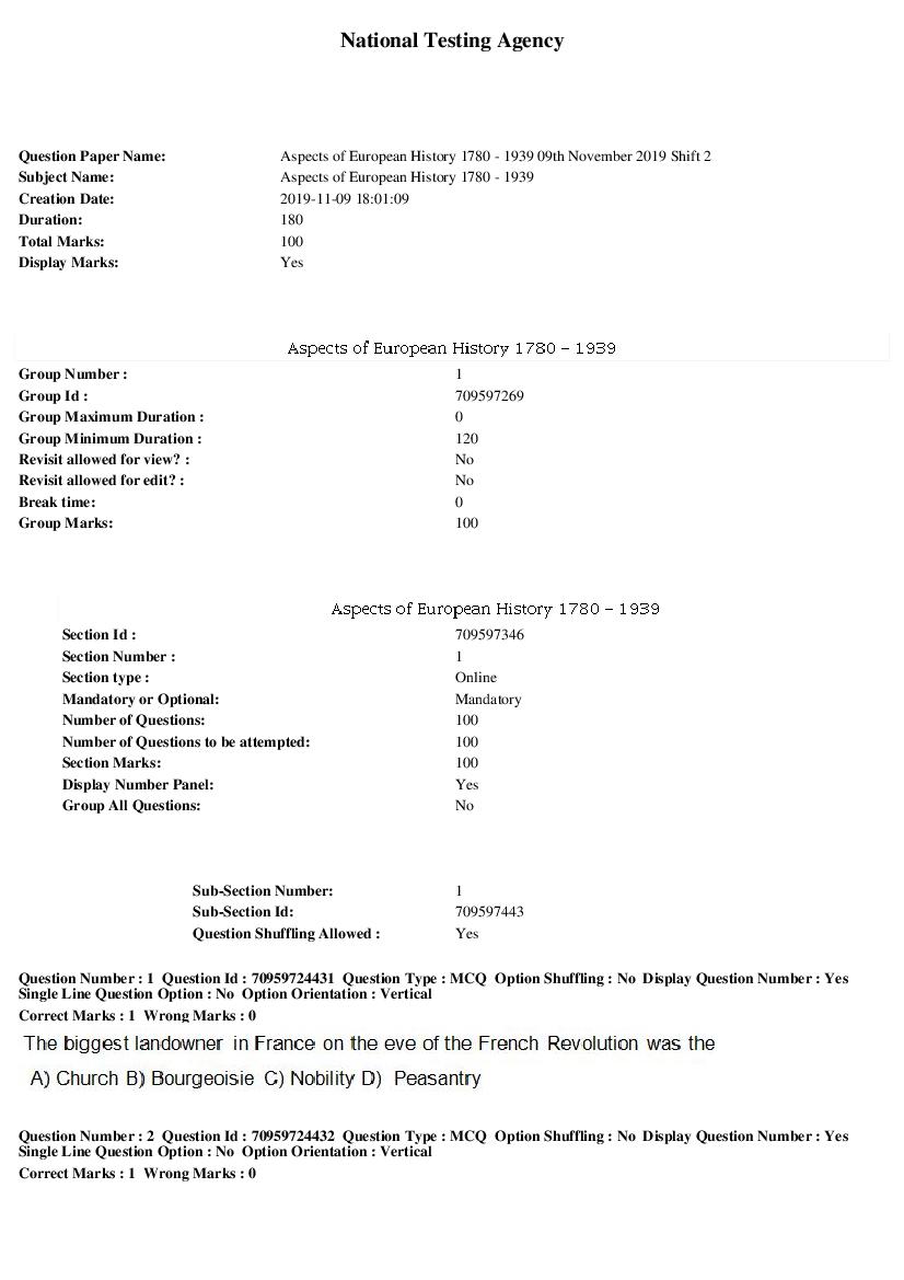 SWAYAM 2019 Question Paper Aspects of European History 1780 - 1939 - Page 1 of 15