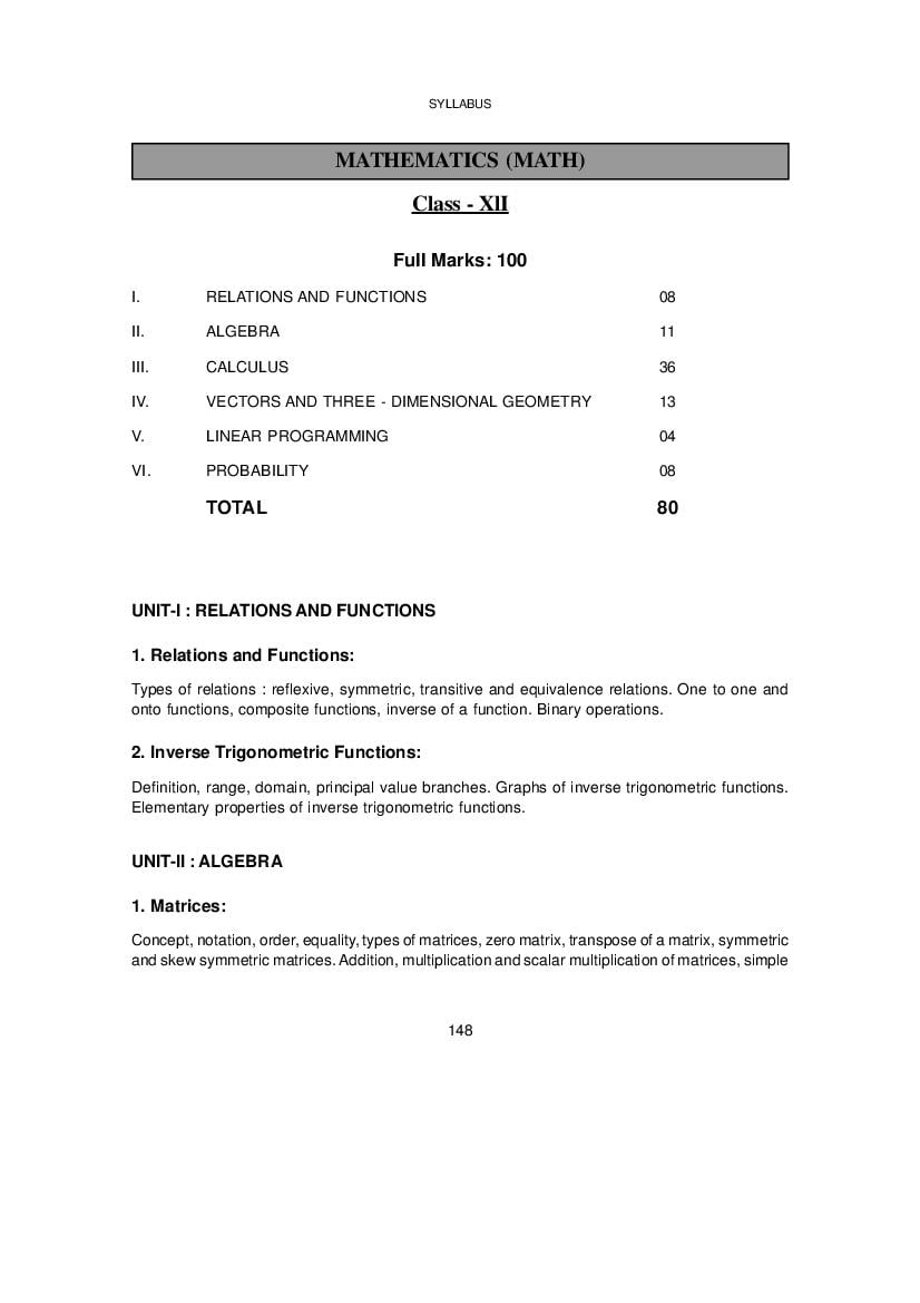 WBCHSE Class 12 Syllabus for Maths - Page 1