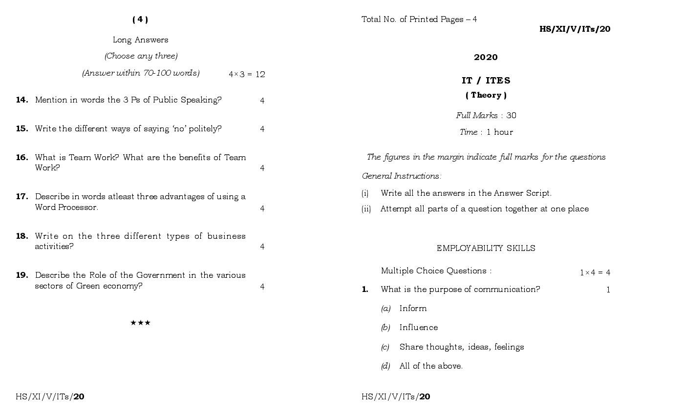 MBOSE Class 11 Question Paper 2020 for IT ITES - Page 1