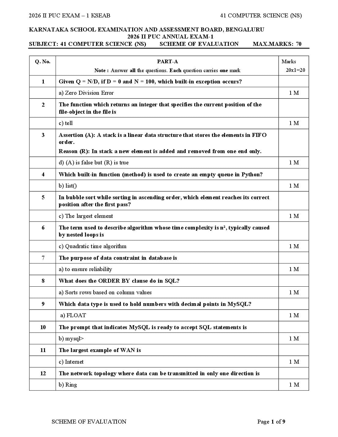 Karnataka 2nd PUC Question Paper 2026 Answer Key Computer Science - Page 1 of 9