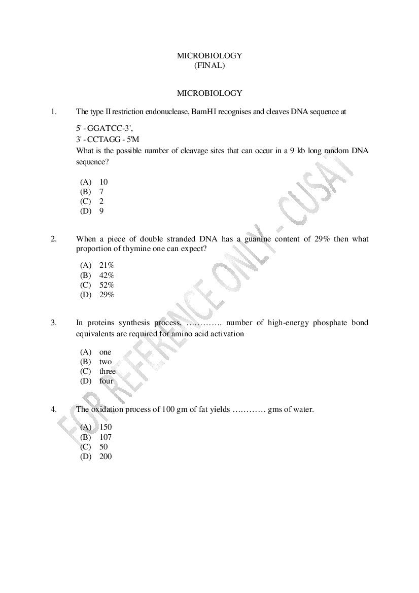 CUSAT CAT 2023 Question Paper Microbiology - Page 1