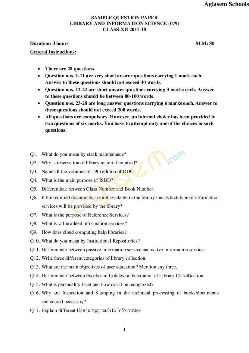 CBSE Class 12 Sample Paper 2018 for Library and Informatics Science