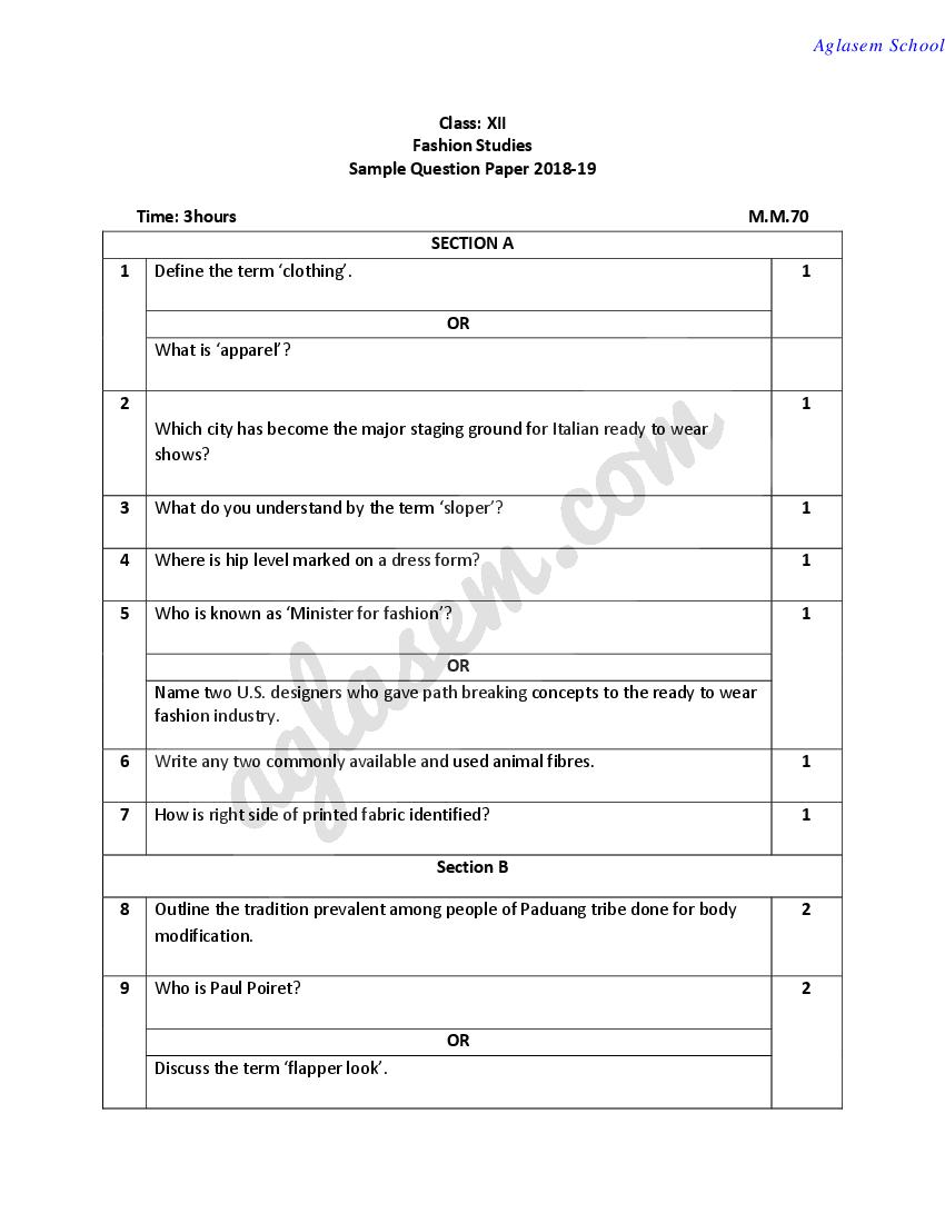 CBSE Class 12 Sample Paper 2019 for Fashion Studies - Page 1