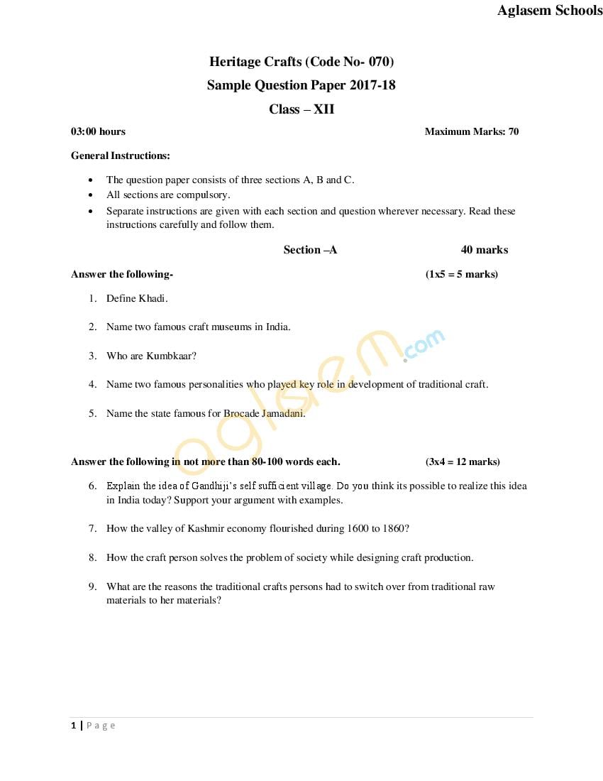 CBSE Class 12 Sample Paper 2018 for Heritage Craft - Page 1