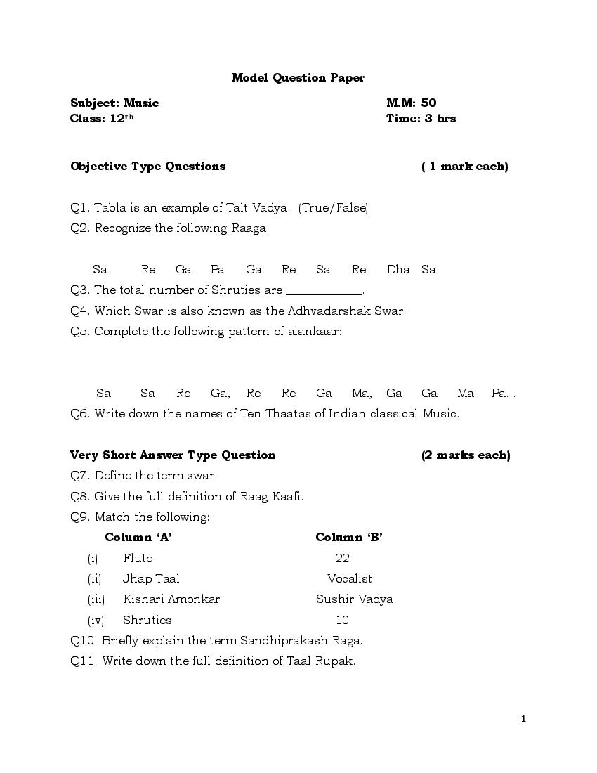 JKBOSE 12th Class Model Paper 2024 Music - Page 1