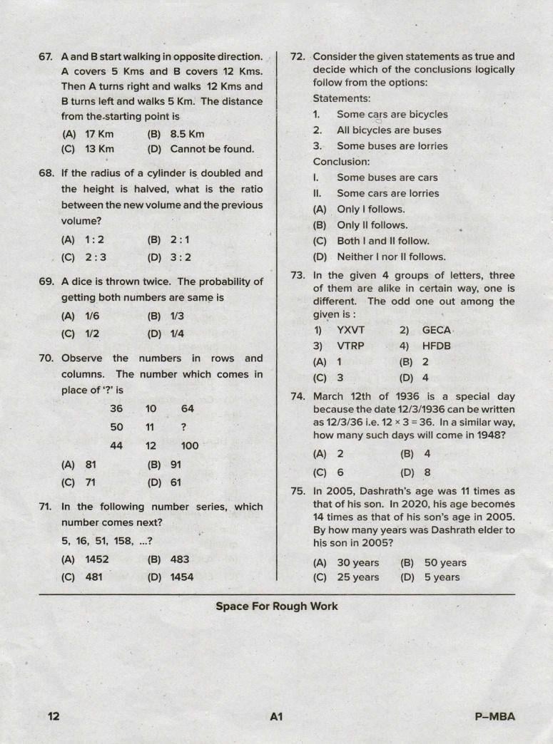 Karnataka PGCET 2020 Question Paper PDF with Answer Key (13 Papers)