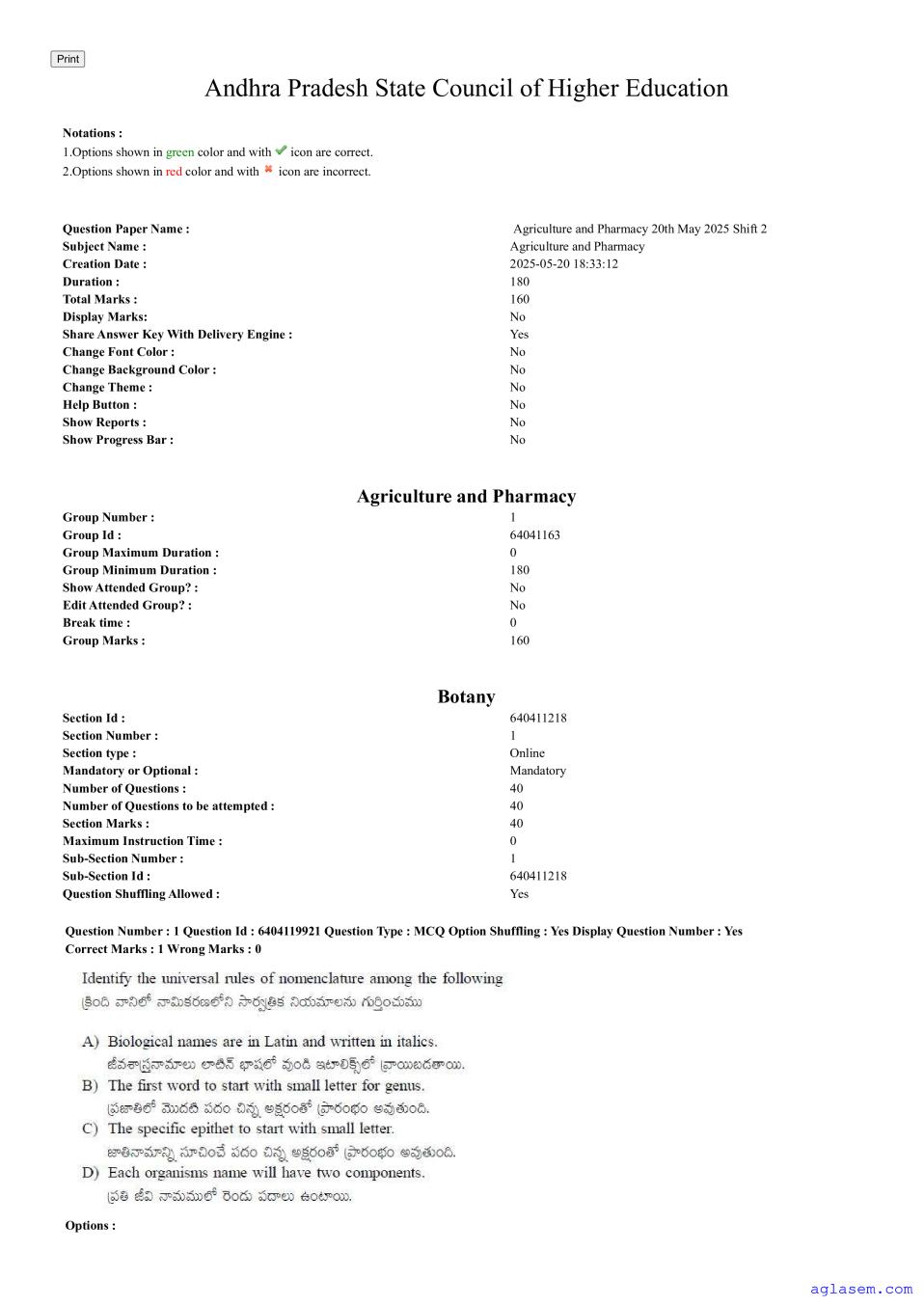 AP EAPCET 2025 Question Paper with Answer Key Agriculture and Pharmacy 20 May 2025 Shift 2 - Page 1 of 84