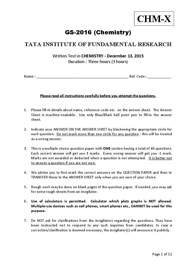TIFR GS 2016 Question Paper Chemistry X - Page 1 of 12