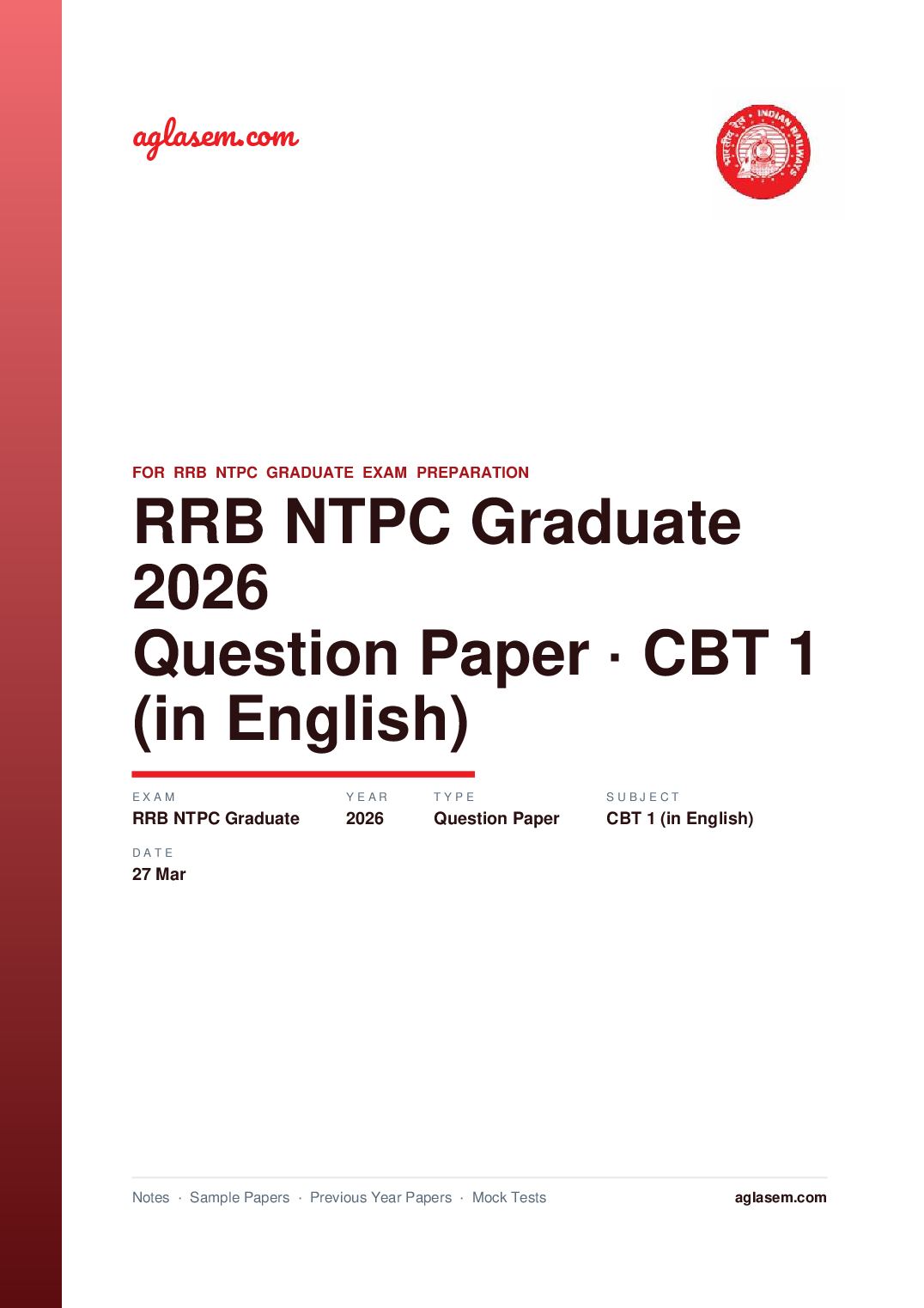 RRB NTPC Graduate 2026 CBT 1 Question Paper 27 Mar (in English) - Page 1 of 49