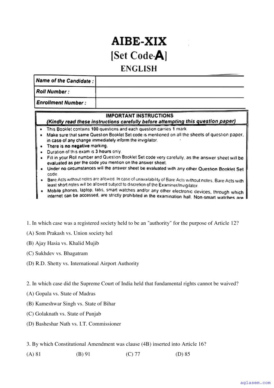 AIBE 19 Question Paper - Page 1 of 22