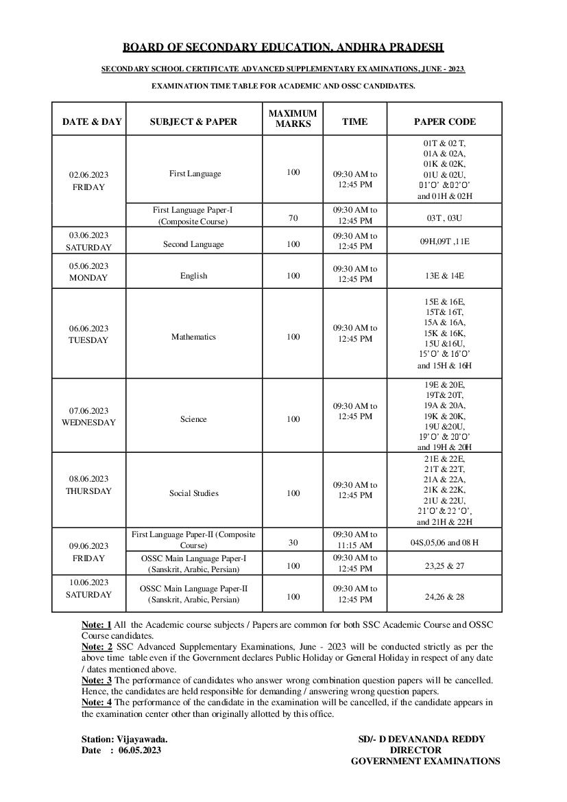 AP SSC Supplementary Exam Time Table 2023 - Page 1