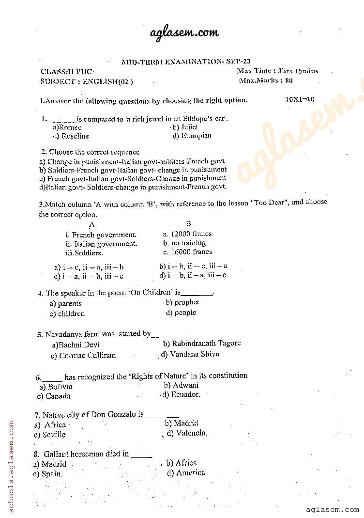 Karnataka 2nd PUC Mid Term Question Paper 2023 English - Page 1