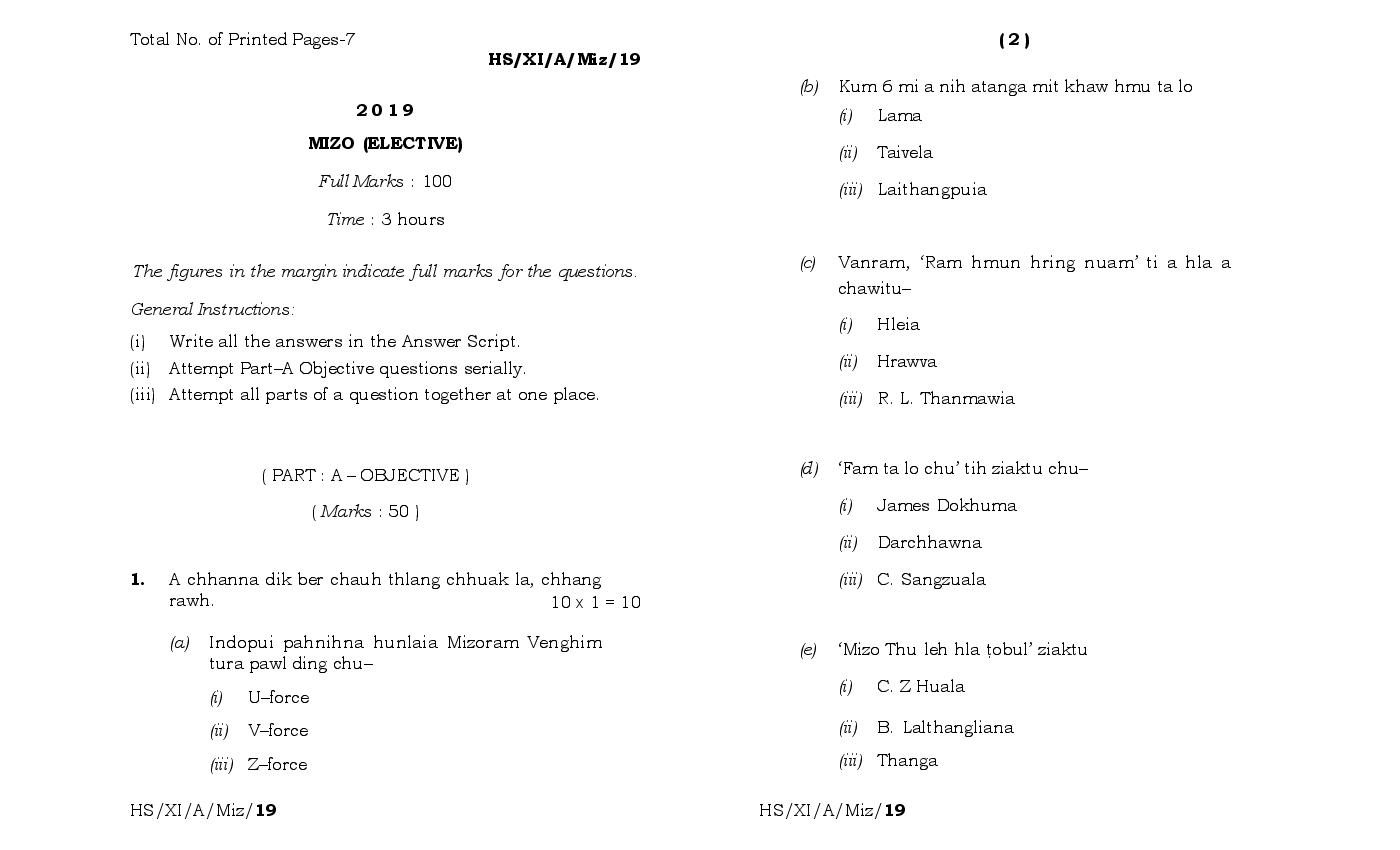 MBOSE Class 11 Question Paper 2019 for Mizo Elective - Page 1