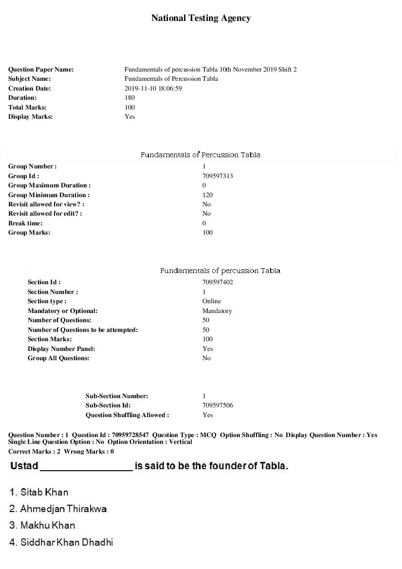 SWAYAM 2019 Question Paper Fundamentals of Percussion Tabla - Page 1 of 14