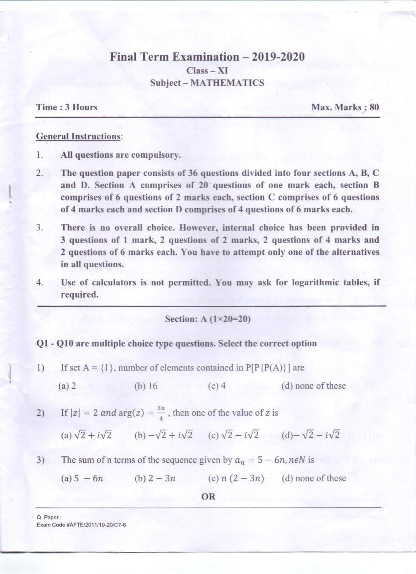 CBSE Class 11 Annual Exam Question Paper 2019 Maths - Page 1