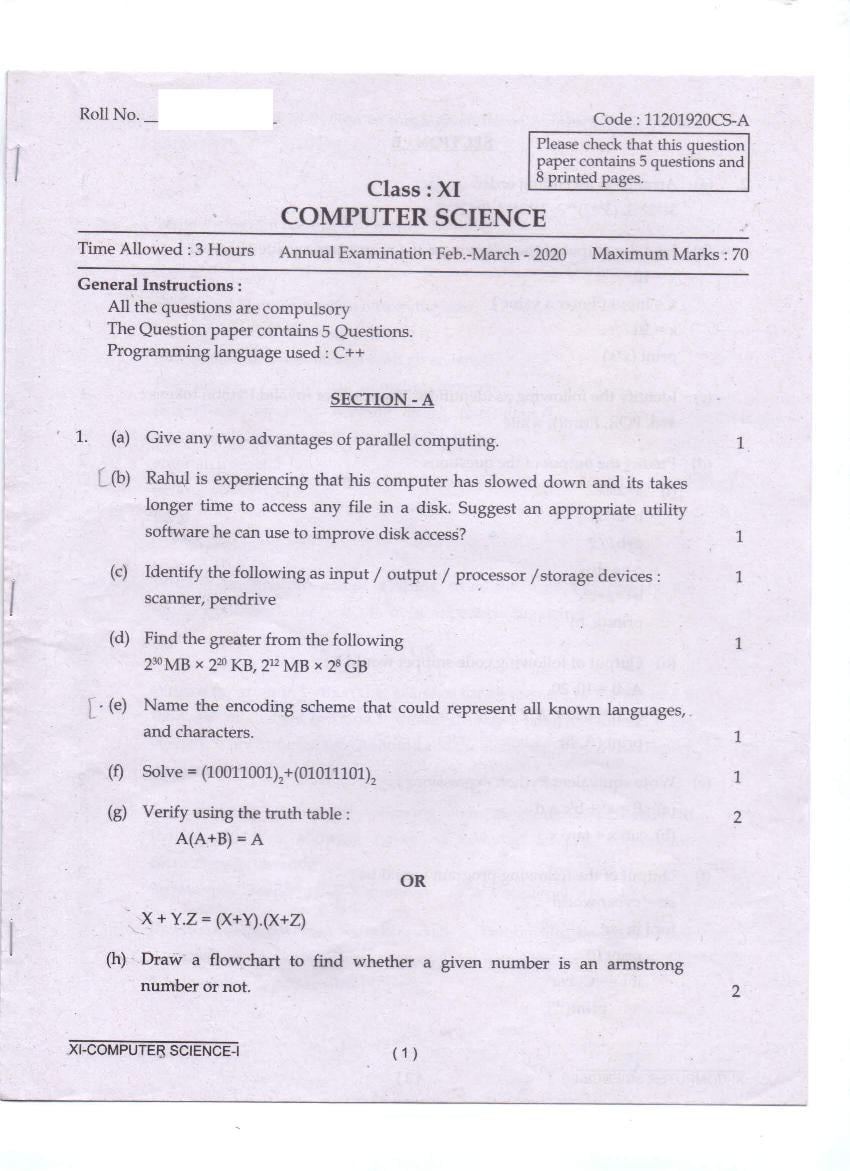 CBSE Class 11 Annual Exam Question Paper 2019 Computer Science - Page 1