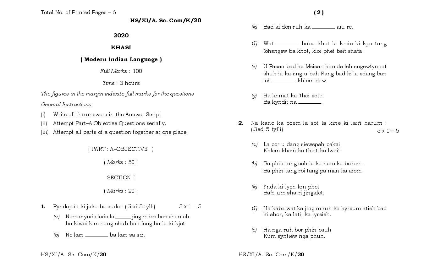MBOSE Class 11 Question Paper 2020 for Khasi - Page 1
