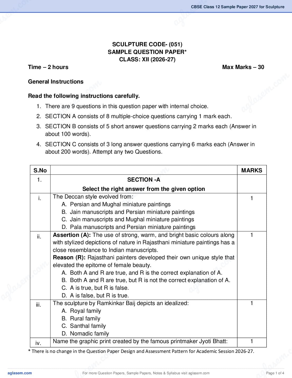 CBSE Class 12 Sample Paper 2027 for Sculpture - Page 1 of 4