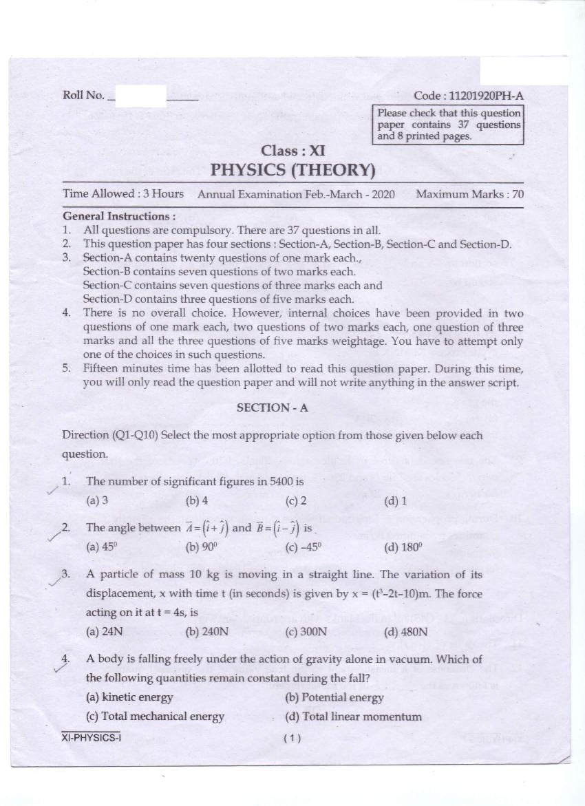 CBSE Class 11 Annual Exam Question Paper 2019 Physics - Page 1
