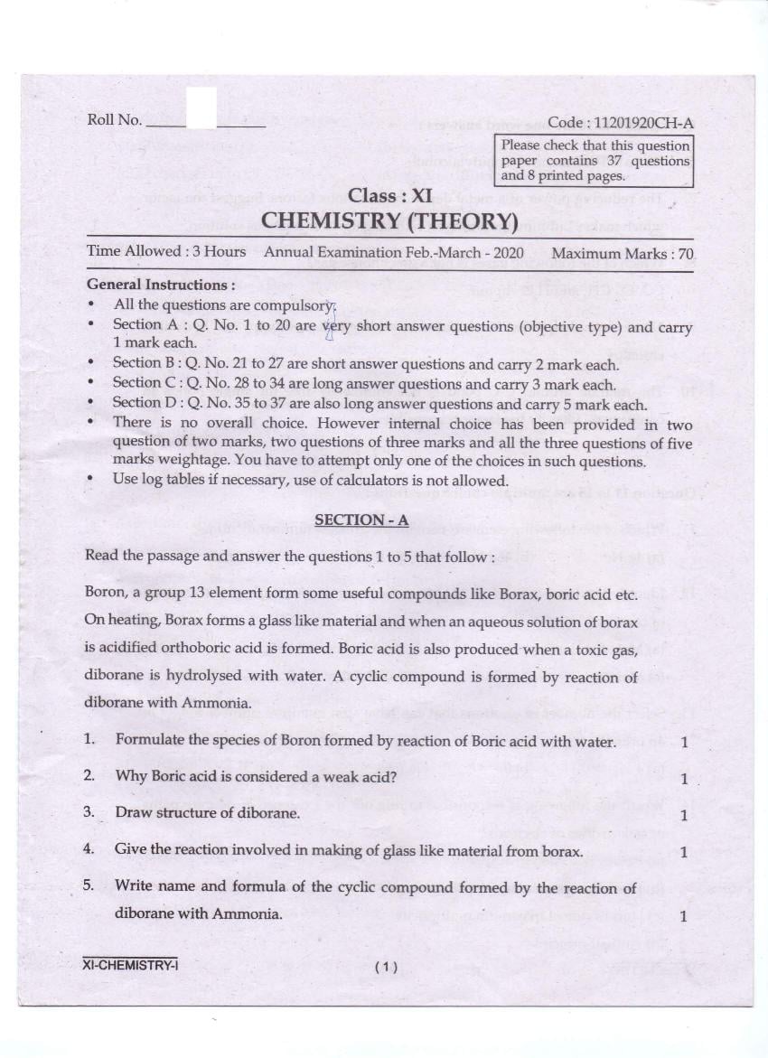 CBSE Class 11 Annual Exam Question Paper 2019 Chemistry - Page 1
