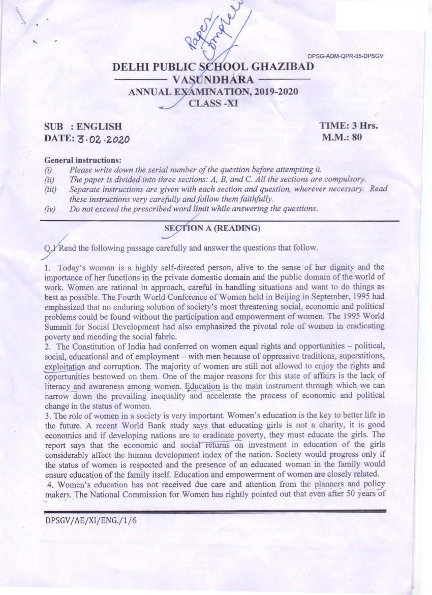 CBSE Class 11 Annual Exam Question Paper 2019 English - Page 1